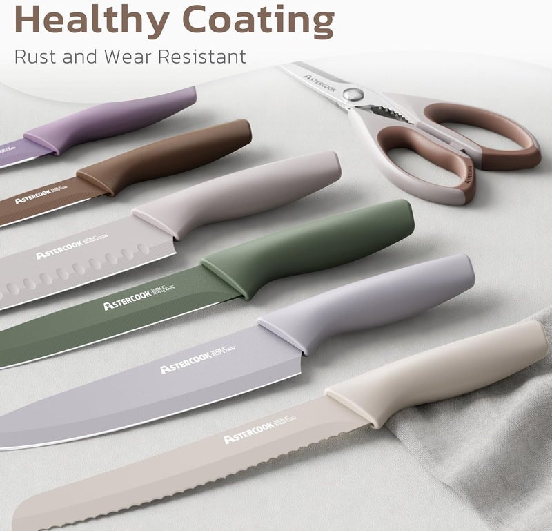 Astercook Knife Set, 13 Pieces Kitchen Knives Set with Healthy Anti-Rust Coating, Dishwasher Safe, Stainless Steel Chef Knife Sets with 6 Blade Guards, Perfect Holiday Gifts for Kitchen Morandi - Image 2